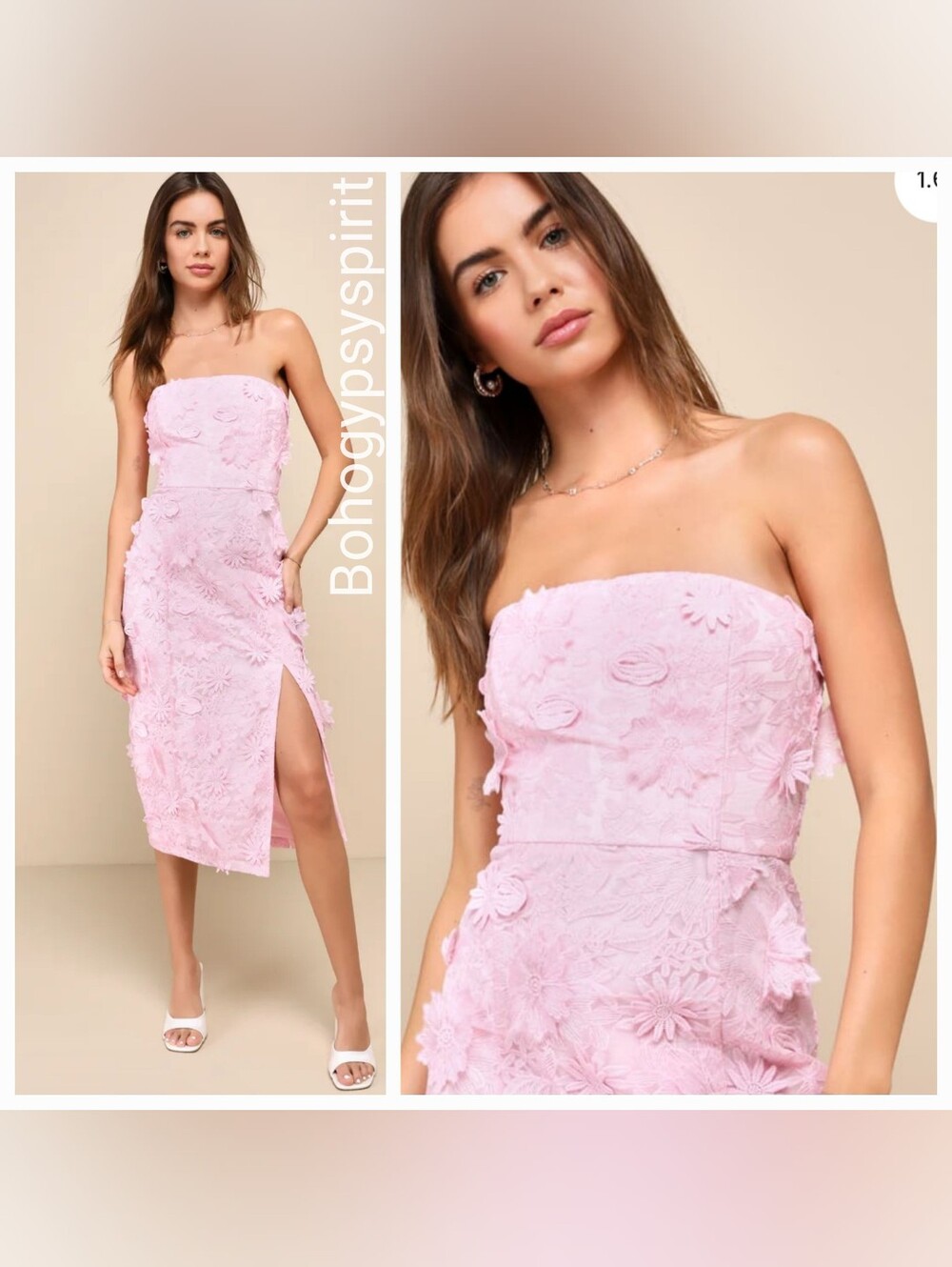 Lulu's Strapless Pink 3D Floral Embroidered Midi Dress, Size Medium